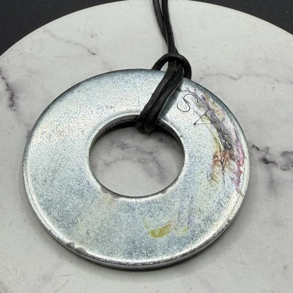 SA Signed Multicolor Glitter Donut Pendant Black Cord Necklace Modernist Art